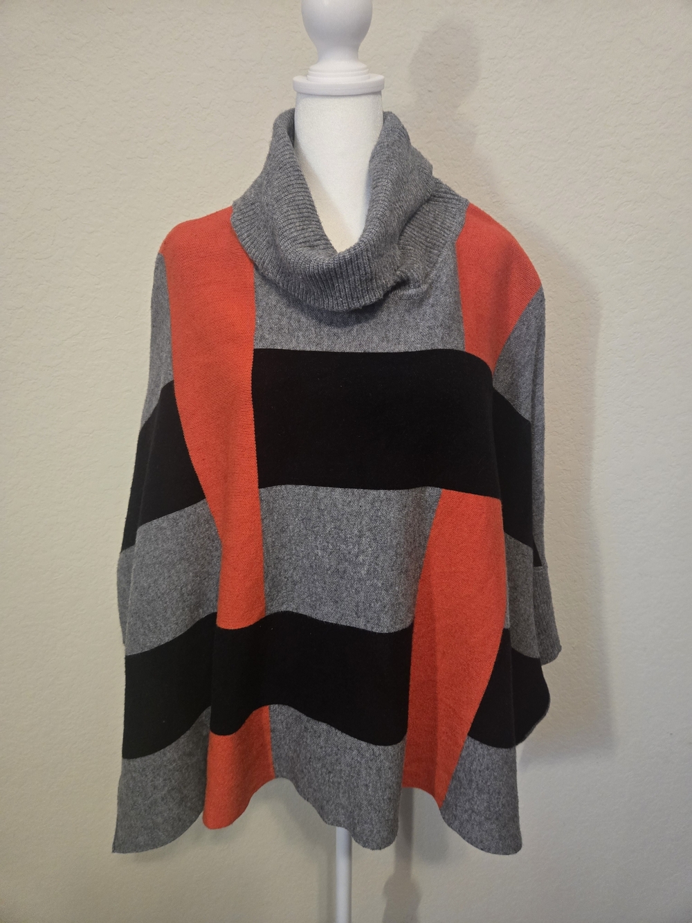 Colorblock Cowl Neck Poncho - Gray, Black & Orange